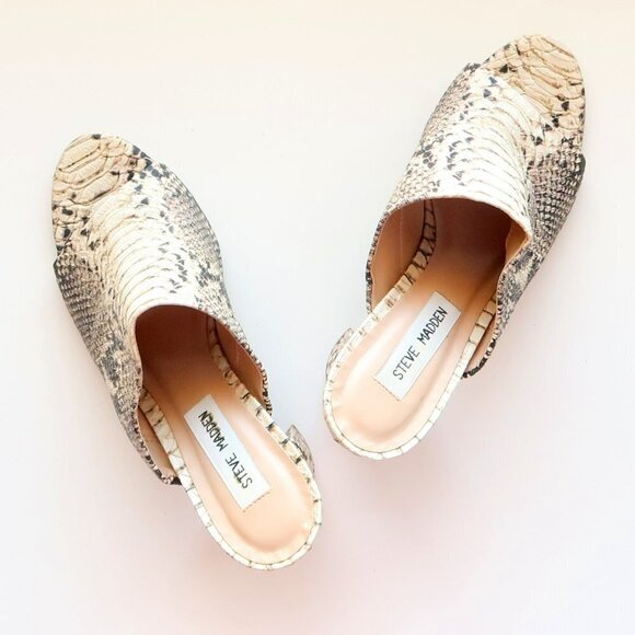 Steve Madden Cream & Black Esmeralda Snakeskin Peep Toe Mules / Slip On Sandals - Picture 15 of 16